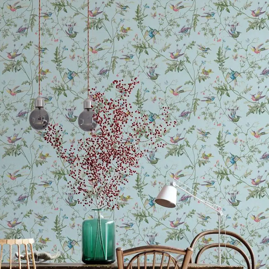 

Humming Birds nordic wallpaper composed of exotic birds with multicoloured feathers, Scandinavian style Wallpaper