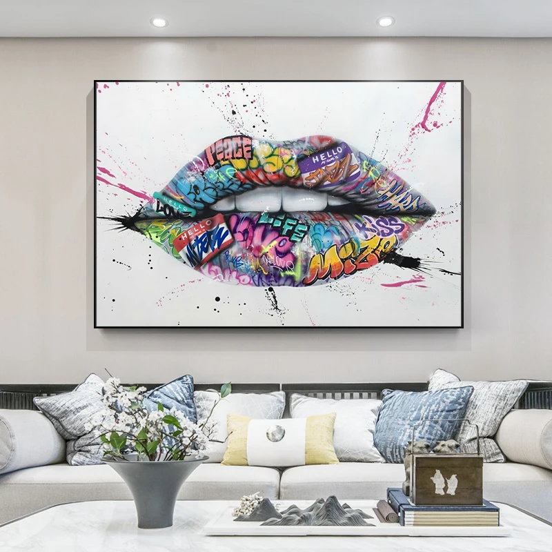 

Street Graffiti Art Canvas Painting, Show Teeth Lips, Poster and Print, Wall Art, Picture for Modern Living Room Decor