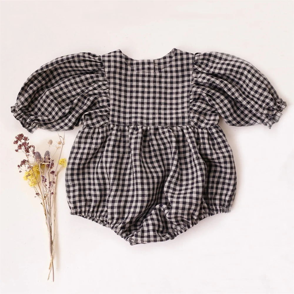 Fashion Baby Girl Rompers Summer Black Plaid Cotton Linen Newborn Baby Clothing Baby Clothes Jumpsuits For 0-2Y