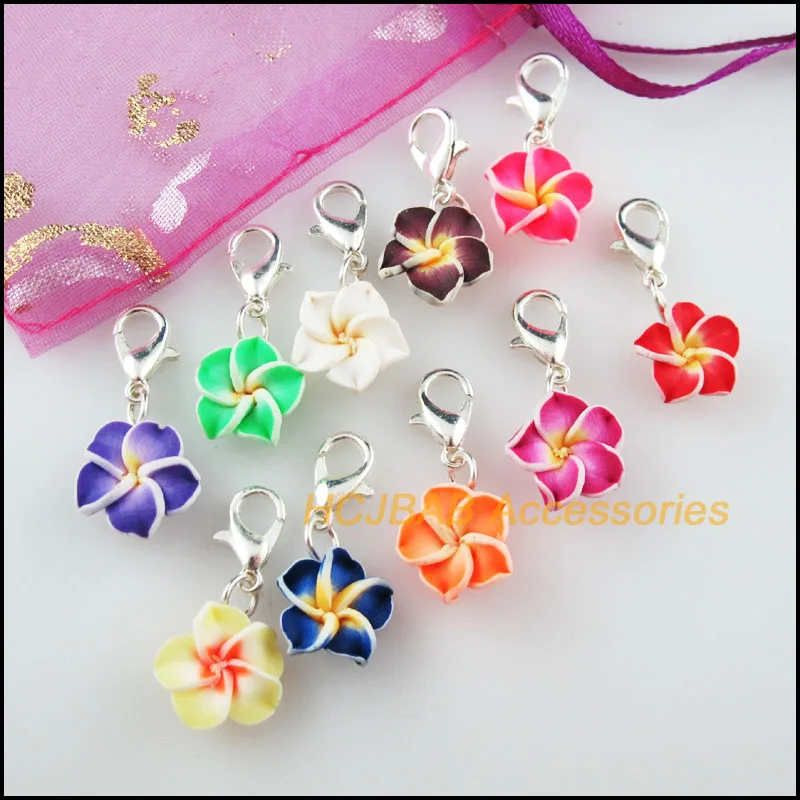 10Pcs Mixed Fimo Polymer Clay Star Flower Charms Silver Plated With Clasps