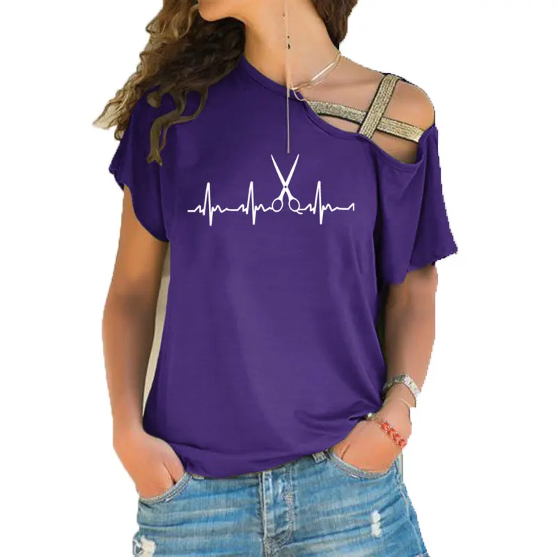 New Summer Heartbeat Hairdresser T Shirt Women Short Sleeve Girls Tshirt Barber T-shirt Irregular Skew Cross Bandage Tee