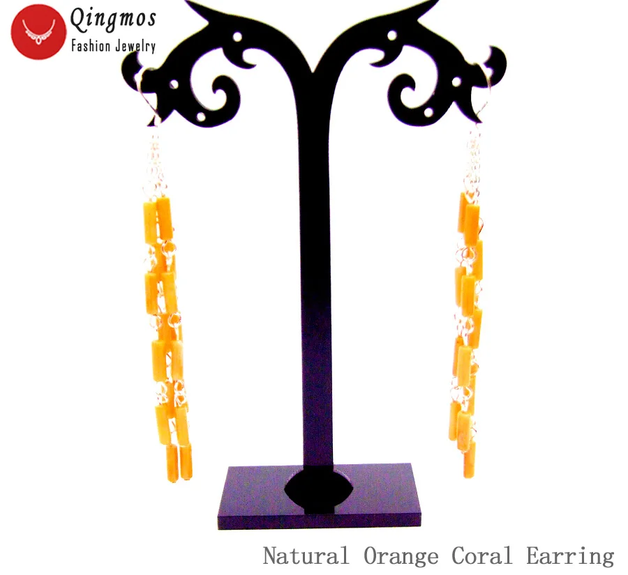 Qingmos Natural Orange Coral Earring for Women with 3*9mm Thick Slice Coral 4 Strand Dangle Earring 3'' Hook Jewelry