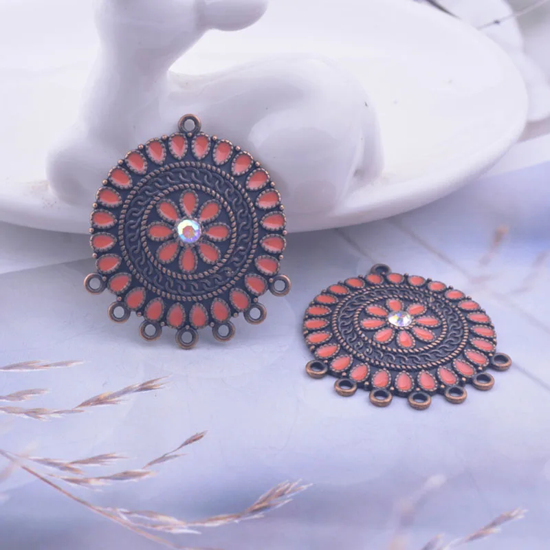 12 Stück 28*33mm Antik-Kupfer Emaille Ohrring-Verbinder Runde Metalllegierung Sieben-Loch-Verbinder DIY Ohrring-Zubehör – Detail 3