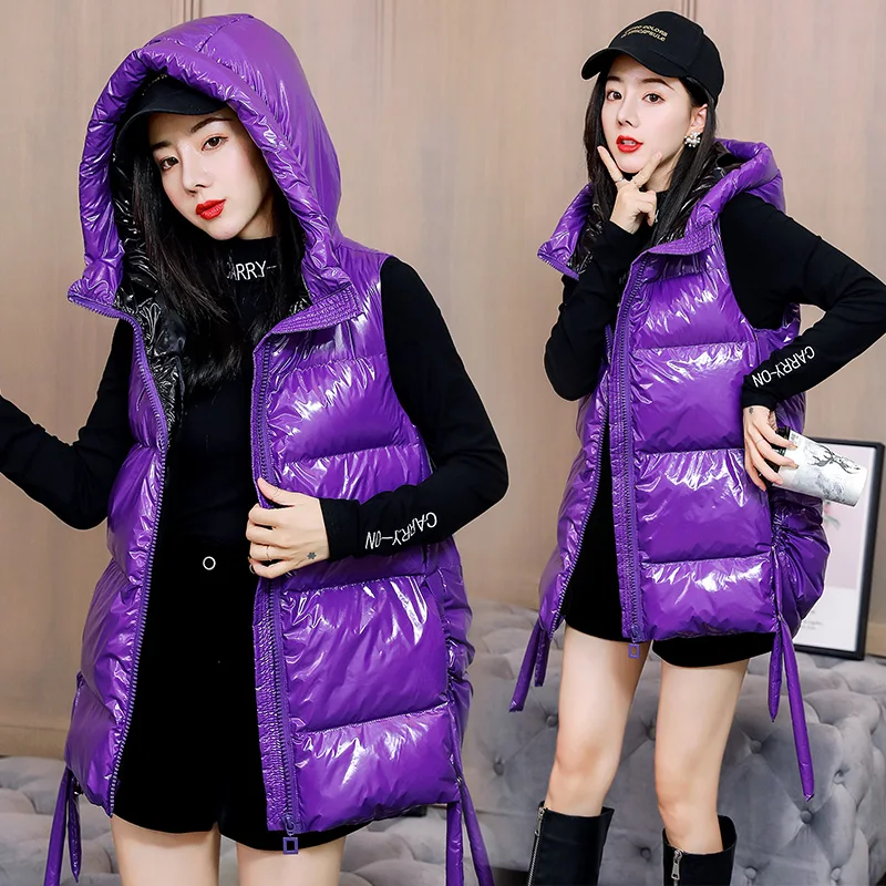 Women\'s Sleeveless Cotton Padded Parka Coat, Top Quality Winter Vest, Glossy Slim, Bright, Solid Zipper Hooded Waistcoat, Autumn