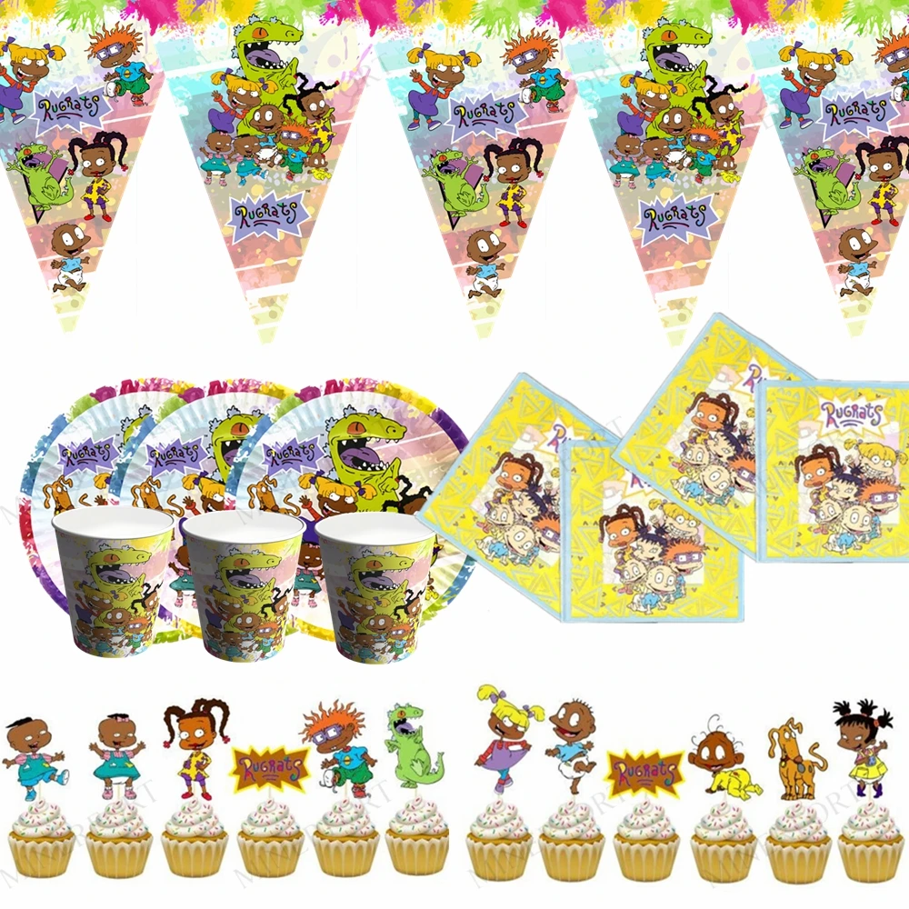 Black Rugrats Theme Birthday Party Set Decorations Paper Cup Plate Straw Nakpin Flag Kids Boy Children Day Party Supplies Rugrat