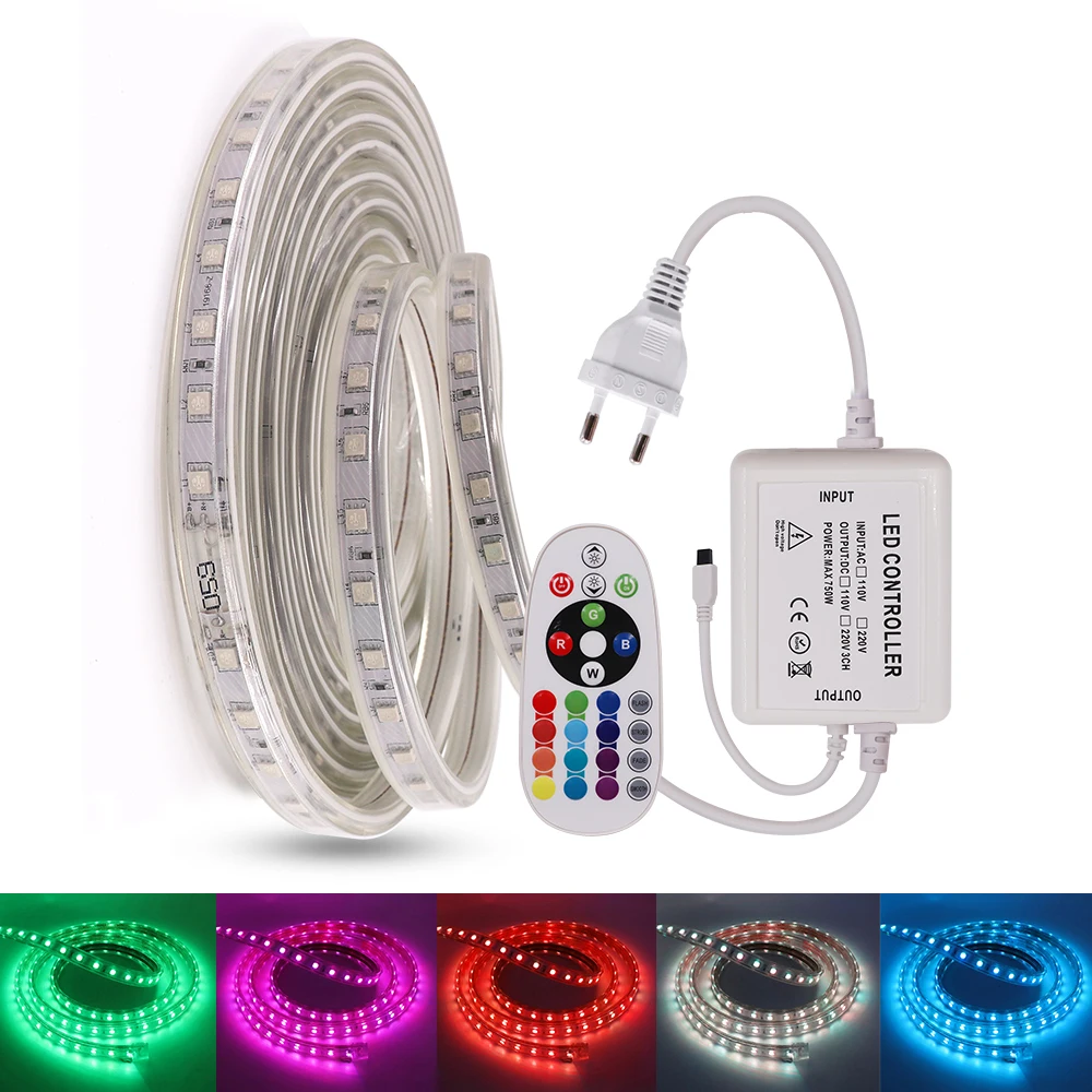 RGB 5050 Led Strip Light 220V 60LEDs/M Outdoor Waterproof Led Tape Ribbon Remote Control Flexible Led Stripe Rope EU Power Plug