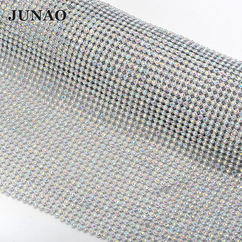 

JUNAO 45*120cm Silver Crystal AB Glass Rhinestone Mesh Fabric Glitter Strass Chain Ribbon Sew On Trimming for Dress Decoration