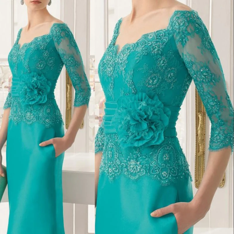 Vestido personalizado de renda azul-petróleo para mãe da noiva, ombro de fora, mangas três quartos, vestidos de convidados de casamento, decote em v, comprimento total, flores