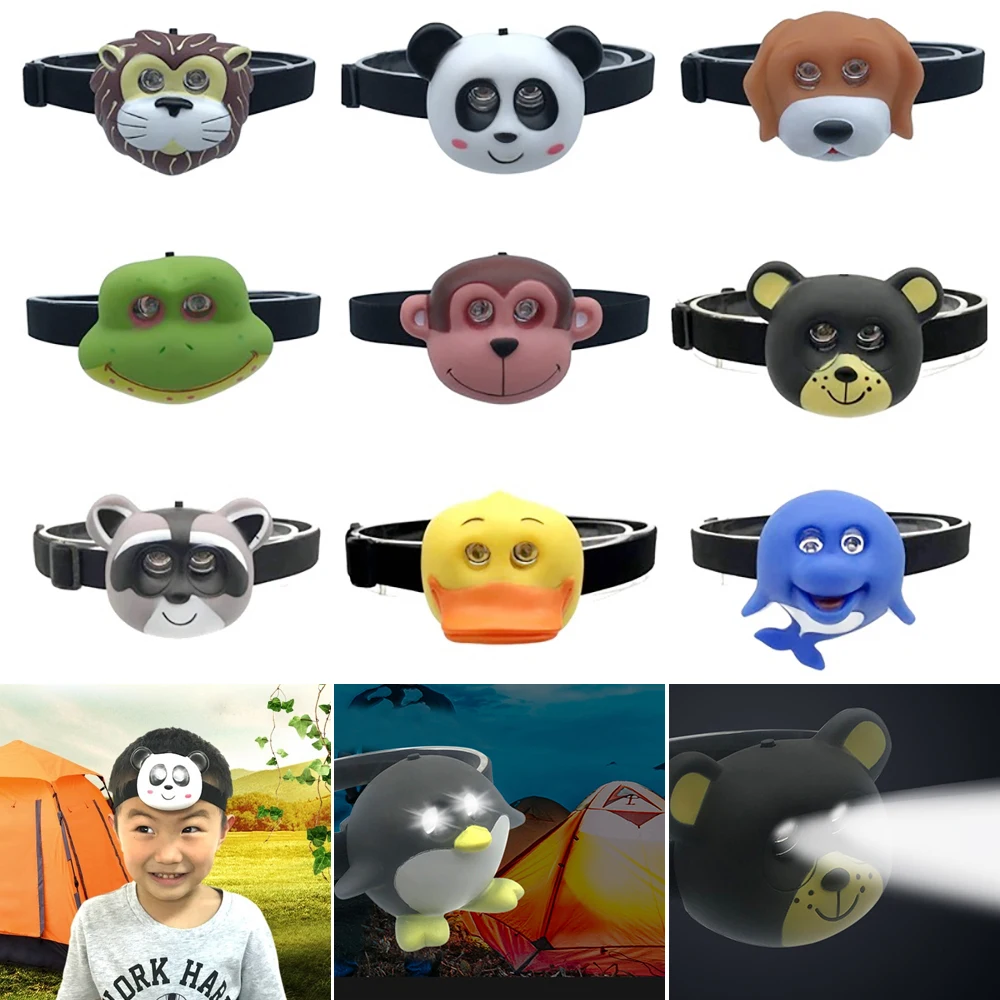 Bel bambino LED faro AAA batteria forma animale simpatico faro torcia sulla testa per ragazzo ragazza campeggio regalo creativo per bambini