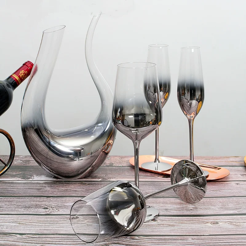 European-style Crystal Glass Electroplating Silver-gray Gradient American Red Wine  Metal Goblet U-shaped Decanter  Set