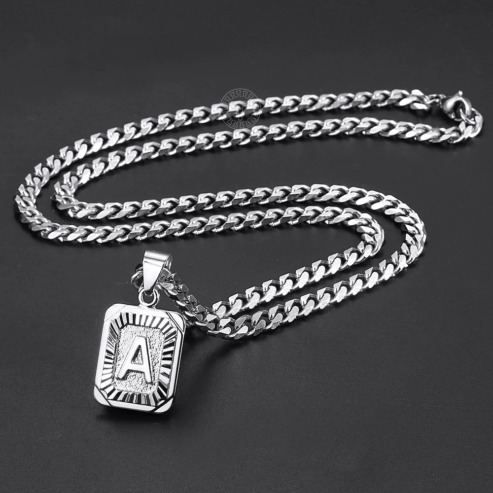 Silver Color Square Initial Letter ABC Pendant Necklace for Men Women Stainless Steel Curb Cuban Chain Name Pendant  5mm GPM11B