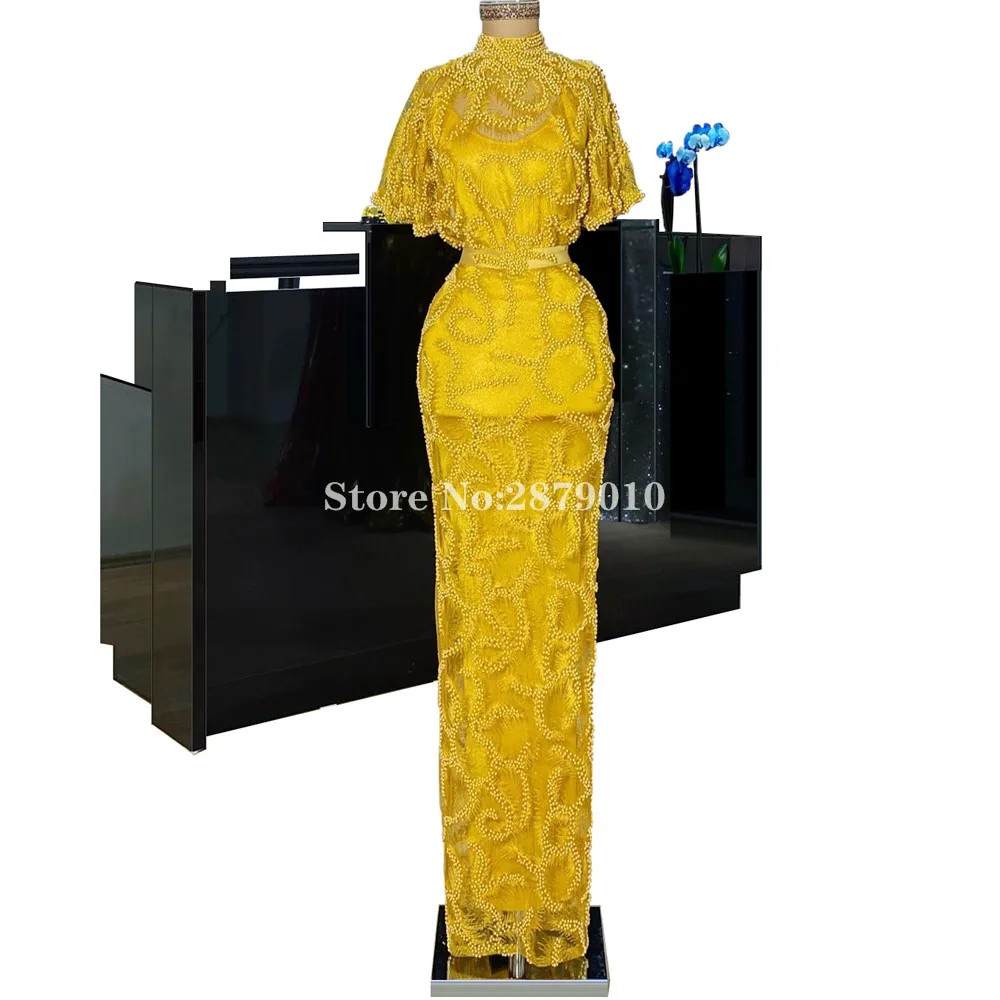 

2020 Luxury Bright Yellow Mermaid Evening Dress Floor-Length High Neck Prom Dress Beaded Robe De Soiree Aibye Middle East Dubai