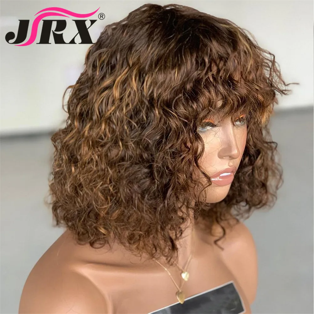 

Highlights Blonde Human Hair Wigs with Bangs Water Wave Curly 99J Short Bob Machine Made Human Hair Brazilian Remy Fringe Wigs