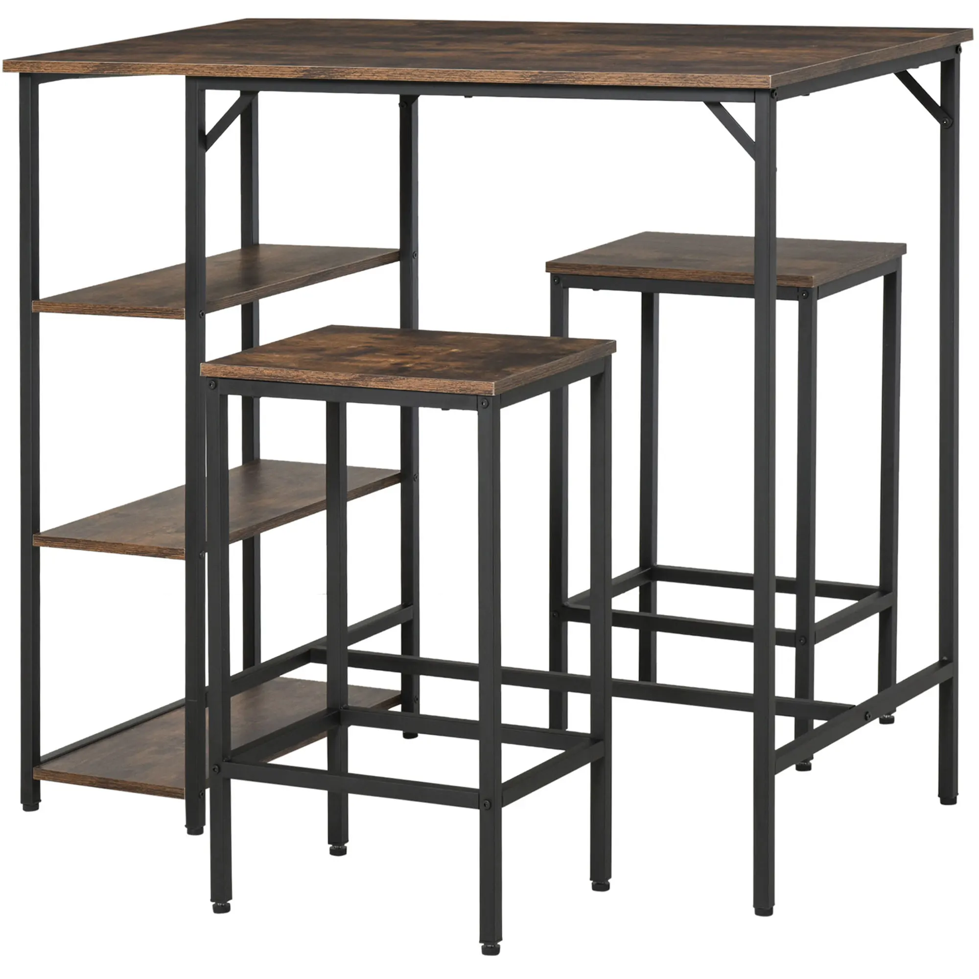 HOMCOM Bar Table Set and 2 Stools with Footrest and 3 Levels Shelves 109x60x100 cm Rustic Brown