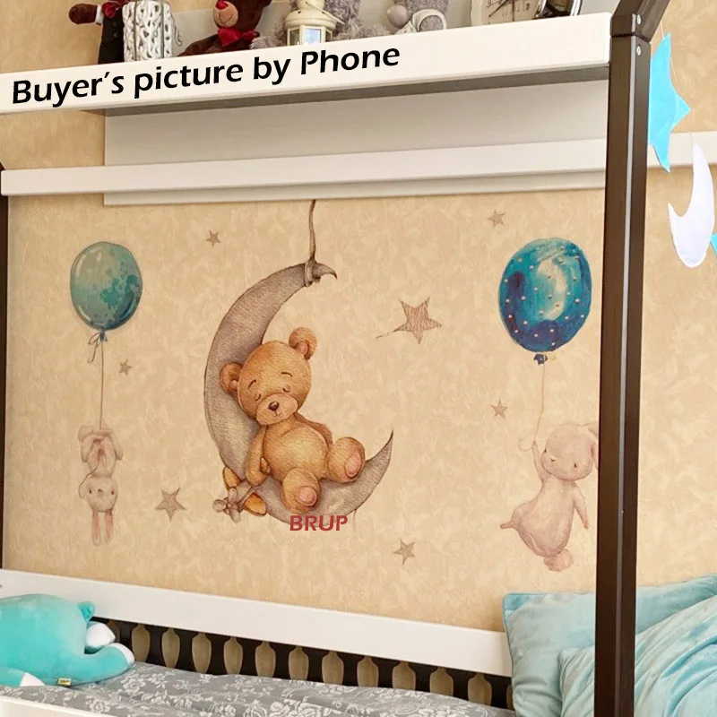 Watercolor Balloon Bunny and Brown Bear Wall Stickers for Kids Room Baby Nursery Room Decoration Wall Decal Party PVC Watercolor image 3