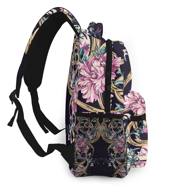 WHEREISART Retro Golden Floral Baroque Pattern Backpacks Junior Youth School Bags Kids Teen Girls Casual Satchel Mutipurpose