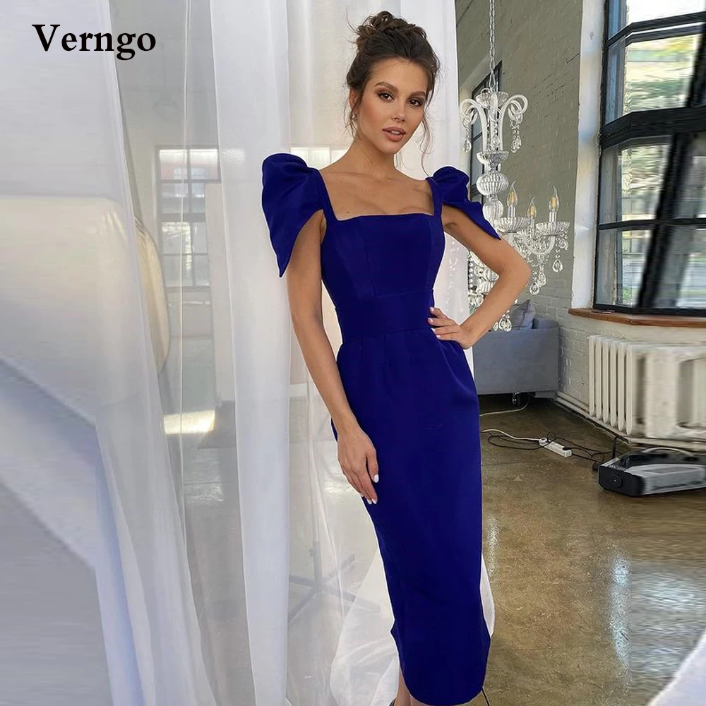 

Verngo Simple Blue Evening Party Dresses Square Neck Short Sleeves Tea Length Prom Gowns Slit Back Women Occasion Dress