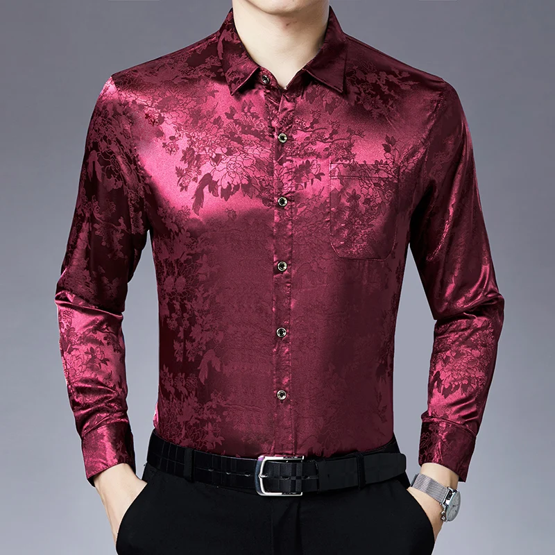 

Male Silk Clothes New Spring Floral Shirts Male Long Sleeve Floral Soft Silk Dress Shirt