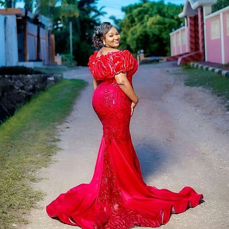 Red Mermaid Prom Dress Off The Shoulder Puffy Short Sleeves Sequined Lace Appliques Plus Size Evening Dress Wmen Birthday Gown