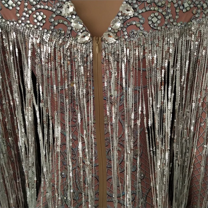 女性タッセルロングドレスナイトクラブブリンブリンクリスタル弾性スキニーラインストーンフリンジドレスウエディングイブニング歌手キャットウォーク衣装