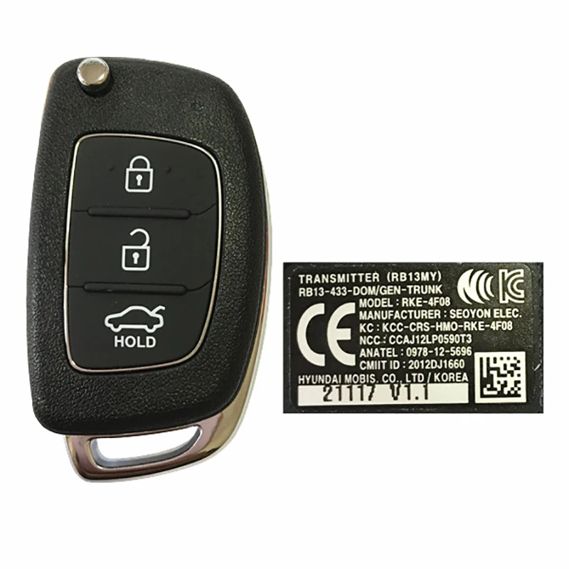 CN020094 Genuine 3 Button Flip Car Key For Hyundai SB11 Remote 433MHZ ID46 Chip FCCID Number RKE-4F08