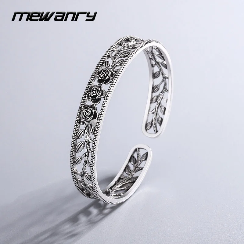 MEWANRY Silver Color Bracelets 2024 Trendy Elegant Charming Vintage Hollow Rose Flower Bangles Thai Silver Party Jewelry