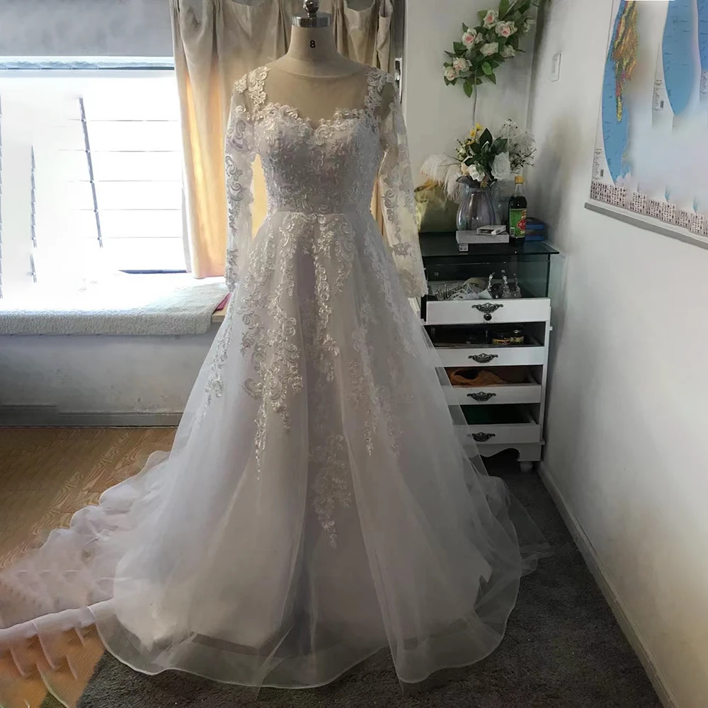 2021 MYYBLE Wedding Dress New Ball Gown Wedding Dress Button Long Sleeves Appliques Pattern Customer Made Size Vestido de novia