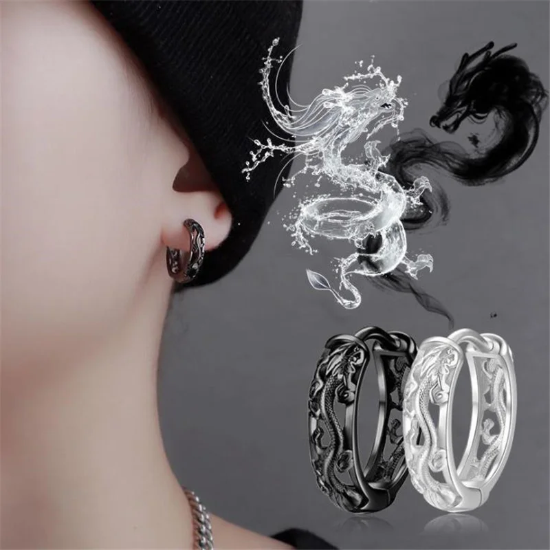 New Trendy Hollow Dragon Earrings Men Hoops Jewelry Gift  Retro Ethnic Silver 925 Earrings Male Party Accessories On Ear Buckle