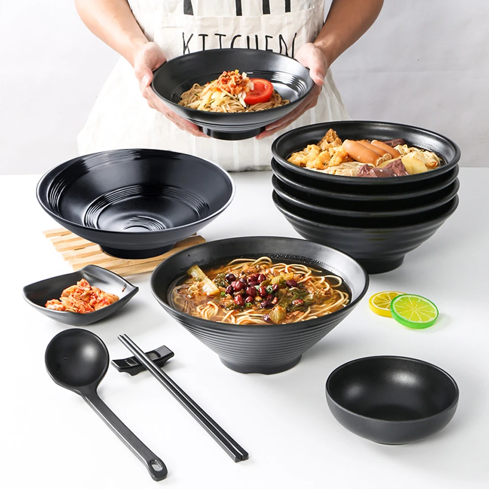 Melamine Tableware Noodle Bowl Commercial Restaurant Spicy Hot Big Bowl Black  Plastic Imitation Porcelain Soup Rice Bowl