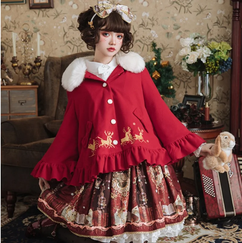 

Autumn winter sweet lolita coat vintage lantern sleeve fur collar printing victorian coat kawaii girl gothic lolita overcoat cos