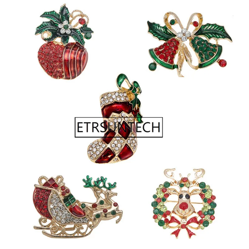 120pcs Enamel Christmas Deer Animal Brooch Christmas Sleigh Bells Stocking Brooch Pin Charm for Women Gifts