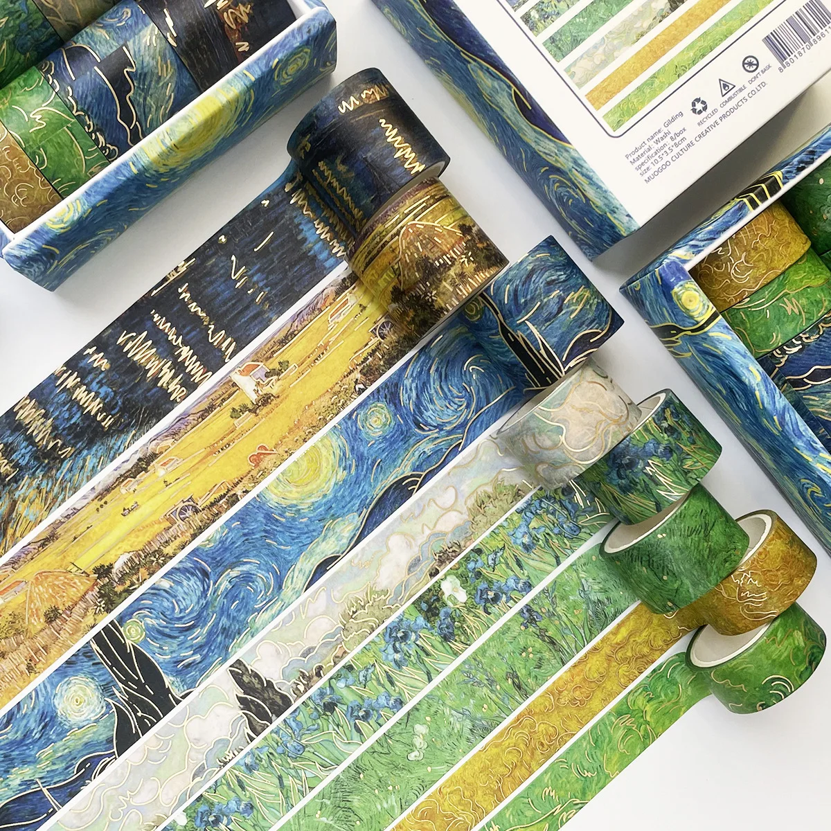 Carta Washi in lamina d'oro, pittura a olio Van Gogh, Set di nastri per mascheratura cielo stellato per Scrapbooking, decorazione artigianale fai da te, 8 pezzi