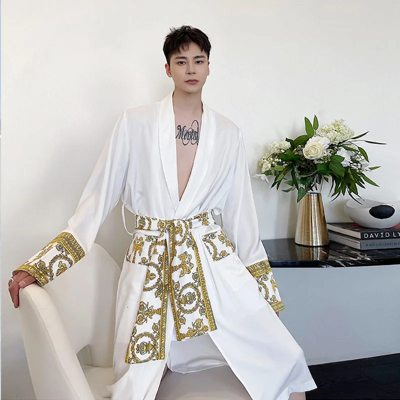 Men\'s Spring Long Jacket Male Satin Nightgown Windbreaker Trench Coat Streetwear Korean Style Vintage Long Cardigan Jackets Man