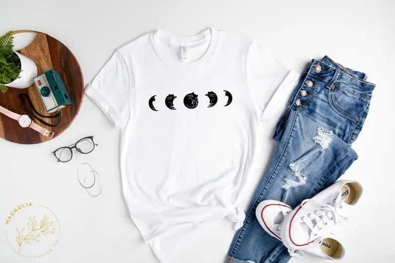 Moon Phases with Cat, Lover Shirt 100% Cotton Kawaii Fashion Shirt Plus Size O Neck graphic Mama Short Sleeve  y2k Drop shipping