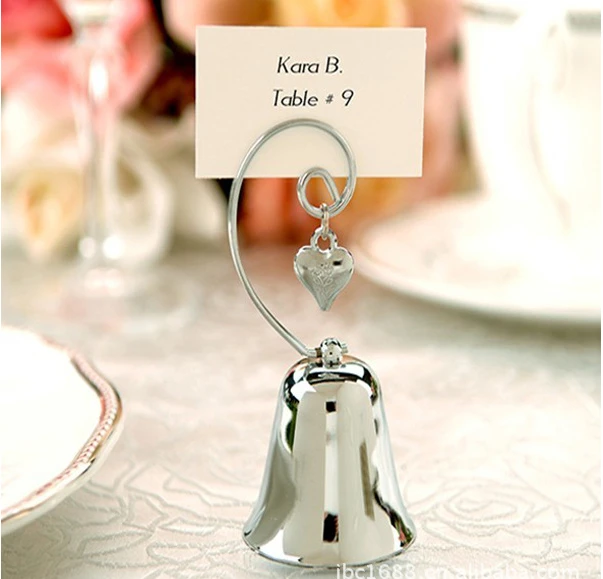 

Free Shipping 100pcs/lot Wedding Favors Charming Chrome Bell Place Card/Photo Holder with Dangling Heart charm