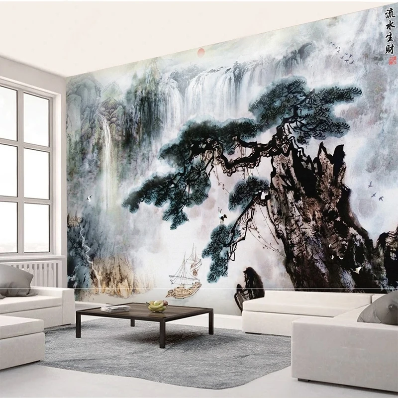 Custom 3D Wallpaper Pine Tree Waterfall Natural Landscape Self-Adhesive Waterproof 3D Wall Stickers Home Decor Papel De Parede