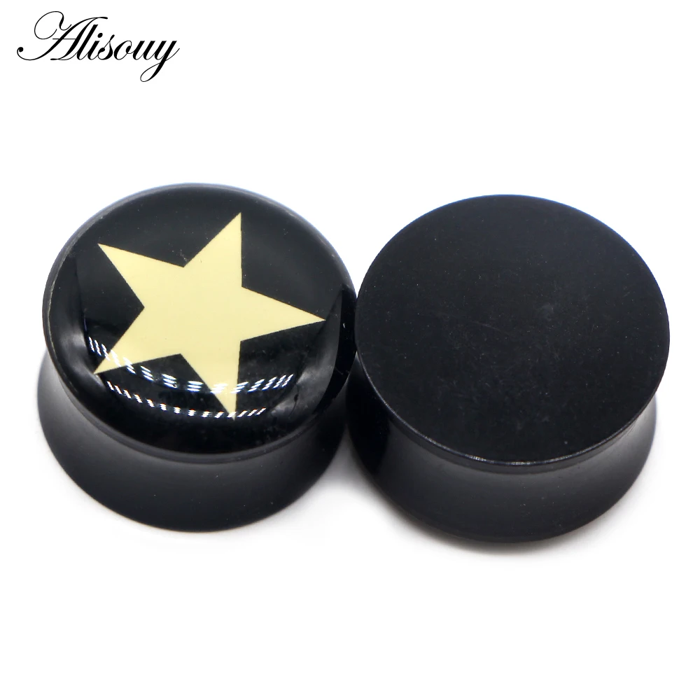 Alisouy 2pcs 4-25mm Ear Gauge Plugs Star Black Acrylic Screw Fit Flesh Tunnel Eyelet Stretchers Ear Plug Body Piercing Jewelry