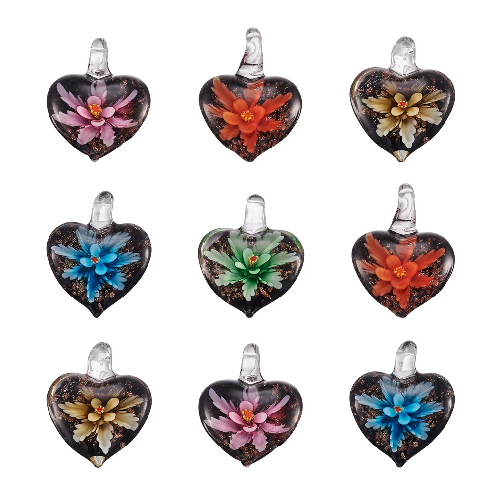 10pcs Murano Glass Heart Handmade Lampwork Pendants Inner Flower Lampwork Glass Charms for Necklace Jewelry Making Gifts