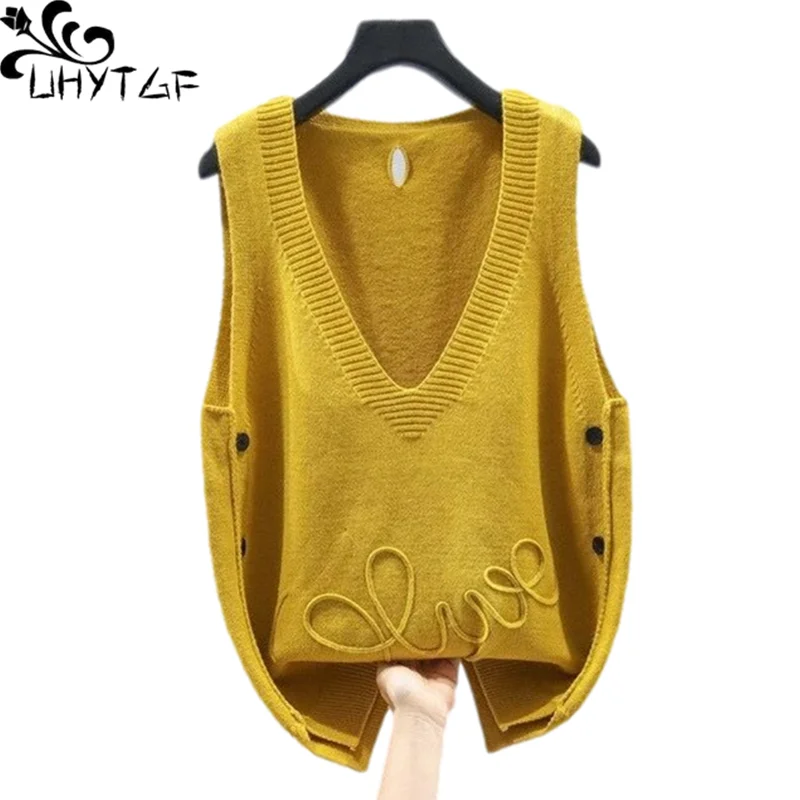 UHYTGF Women's Knitted Sweater Vest Waistcoat Side Buttons Casual Pullover Big Size Coat Female Sleeveless Autumn Top Lady 1990