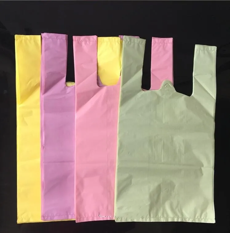 Portable Plastic Bag 50pcs Cake Wrapping Food Take Away Packaging Bags Colored Plastic Bag With Handle Supermarket Supply