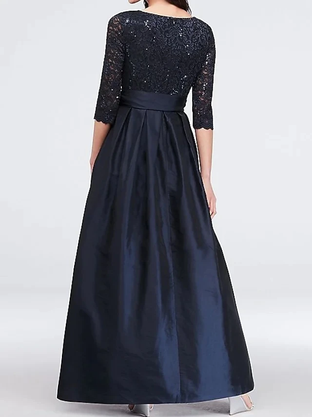 Modern Dark Navy Evening Dress with Sash 2021 V Neck Floor Length Lace Satin Prom Party Gown Vestidos Fiesta Robe De Soiree