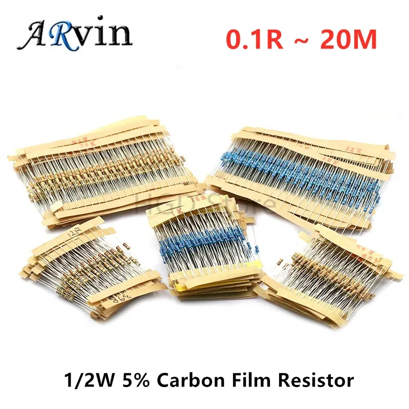 100pcs 1/2w 0.5W 5% Carbon Film Resistor 0.1R~20M 2.2R 10R 22R 47R 51R 100R 150R 470R 1K 4.7K 10K 47K 1 2.2 10 22 47 51 100 150