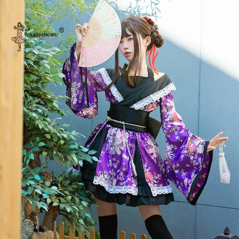 Kostum Jepang Tradisional Kimono Dress untuk Wanita Sakura Yukata Tutu Jepang Kawaii Gadis Cosplay Anime Haori Tahap Pesta