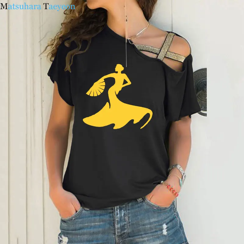 Flamenco Dance Cartoon Woman T shirt Dancer Print Tee T-shirt Women Top Short Sleeve Sexy Irregular Skew Cross Bandage t shirt