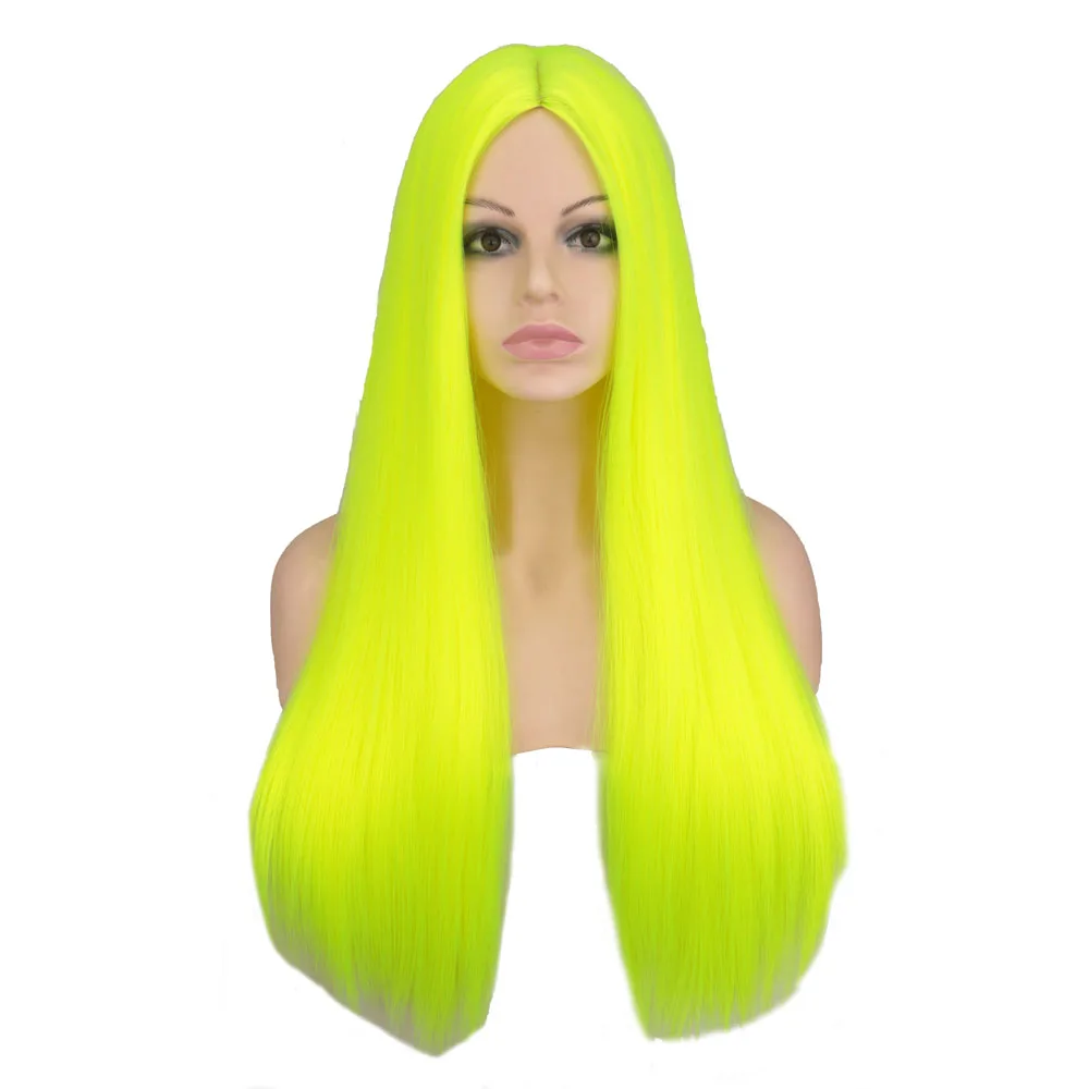 Grillige W Synthetische Gesimuleerde Hoofdhuid Neon Gele Lange Rechte Pruik Voor Vrouwen Hittebestendige Natuurlijke Party Halloween Haar Pruiken