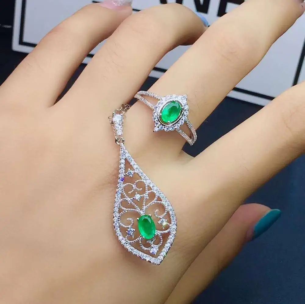 

Real Natural Emerald jewelry set Natural Real Emerald 925 sterling silver 1pc pendant,1pc ring