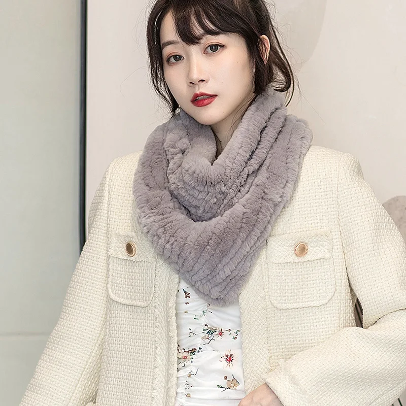 New Real Rex Rabbit Fur Knitted Triangular Scarf for Women, Neck Protection, Keep Warm, Korean Version, Autumn and Winter