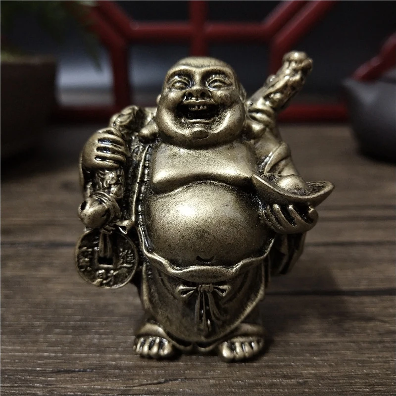 Bronze Laughing Buddha Statue Resin Feng Shui Home Decoration Wealth Maitreya Buddha Sculpture Figurines Statues Lucky Ornaments