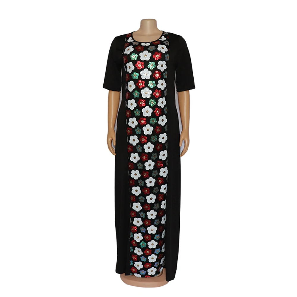 

African Women Dress 2020 High Quality Female Pullover Long Dress Flowers Embroidery With Beads Half Sleeve Nylon Knitted Clothes