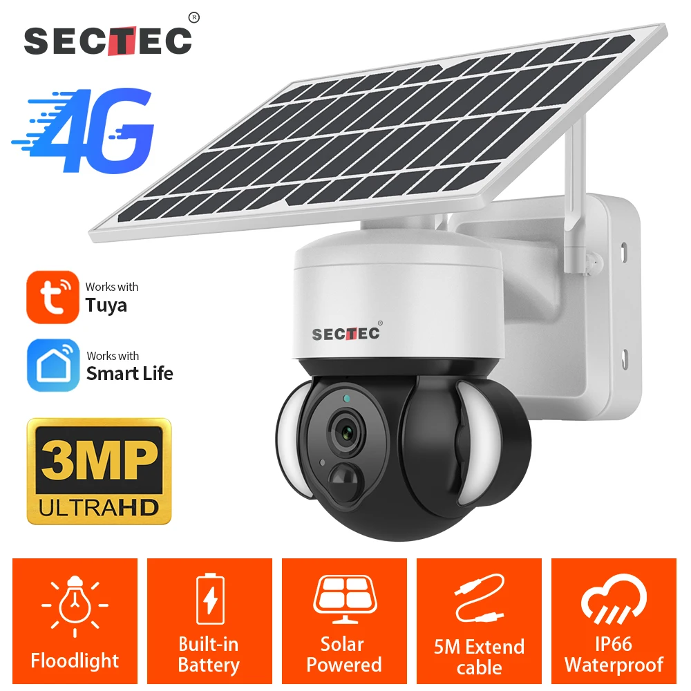 SECTEC Tuya Cam 4G SIM Card 3MP HD Camera Solar Panel Outdoor Monitoring CCtv Cloud Solar Panel Security Protection Surveillance